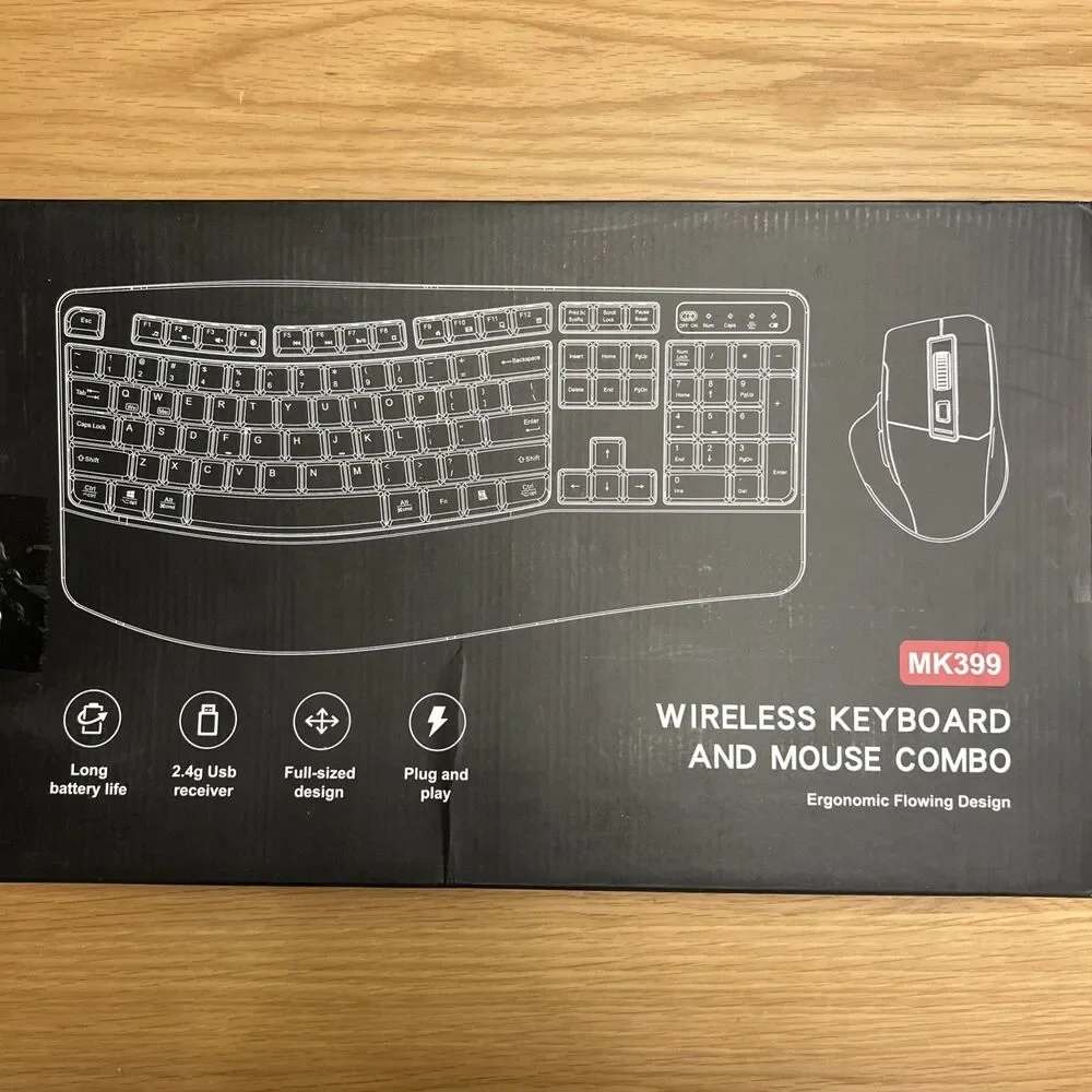 Wireless Keyboard and Mouse Combo, 2.4G Full Size Wave Keys Ergonomic Keyboard